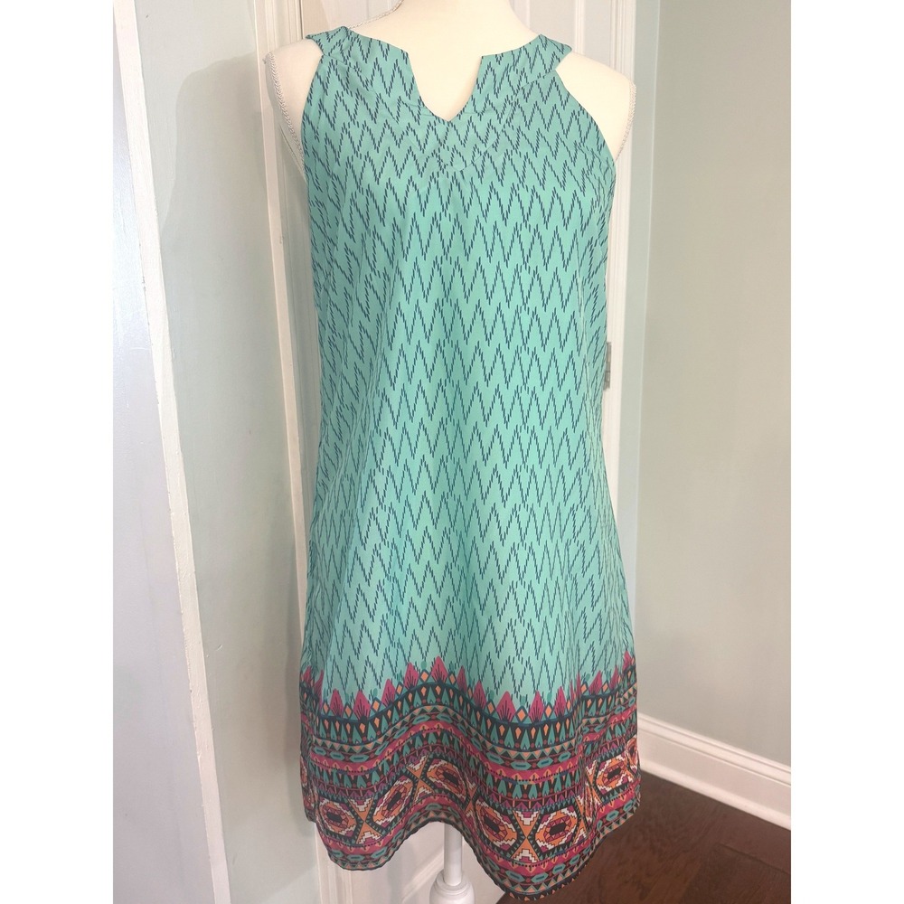 Aryeh Teal Geometric Colorful Border Print Sleeveless Mini Dress Medium
